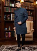 Jacquard Silk Navy Blue Wedding Wear Hand Work Readymade Sherwani